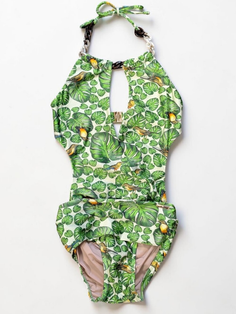 Sinesia Karol Tropical Monstera Bird Print Swimsuit XS Chain Strap Luxury Resort